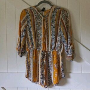 Rue 21 Yellow Cream Floral Striped Boho Peasant 3/4 Sleeve Tunic Blouse Size M